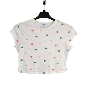 Juicy Couture Crown Print Large Crop Top  Cotton Short Sleeve‎ White